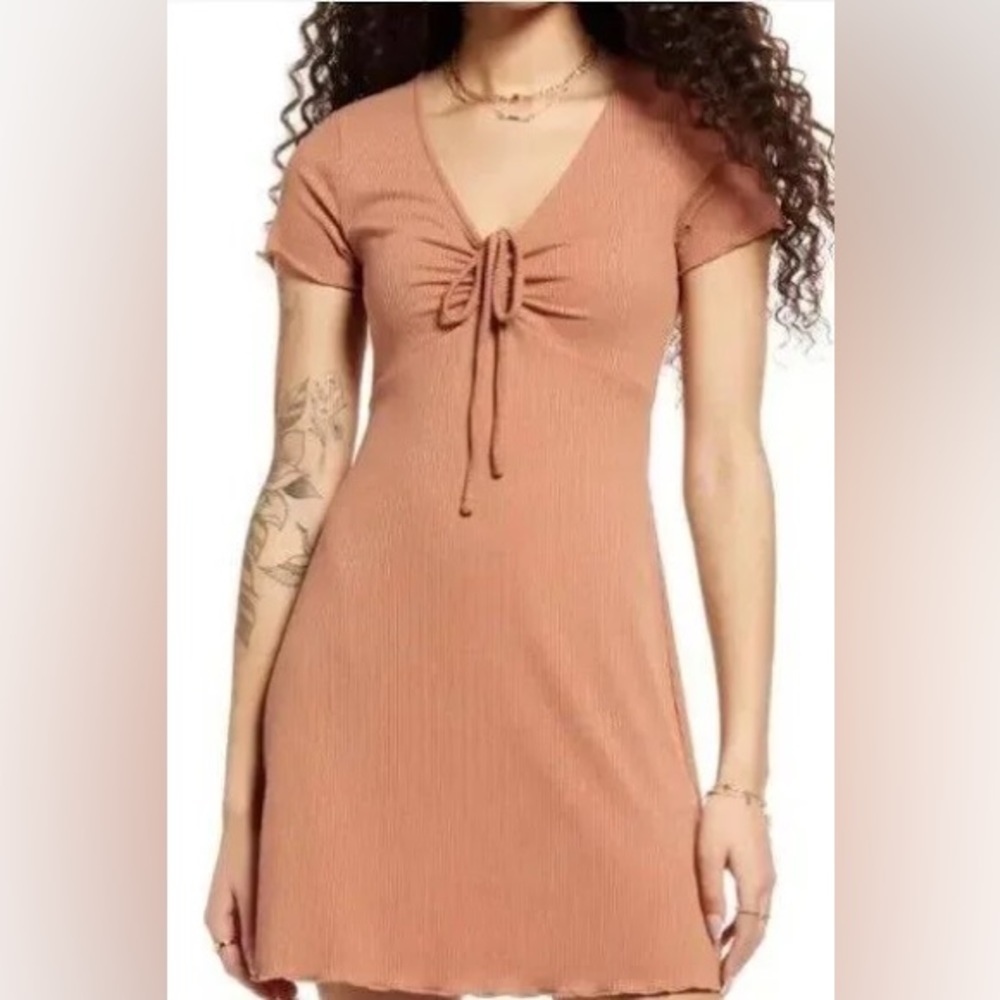 Nordstrom BP -Tie-Front Lettuce Edge Ribbed Mini Dress -Size: XL - New With Tags - Picture 1 of 6
